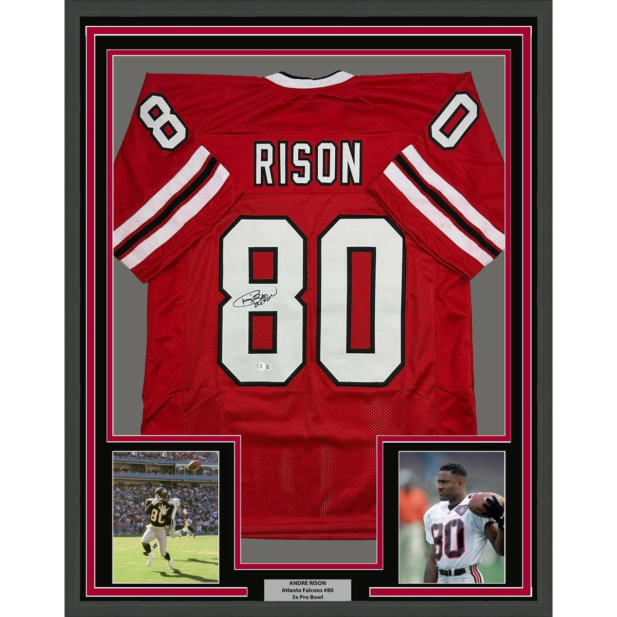 Framed Autographed/Signed Andre Rison 35x39 Atlanta Red Jersey Beckett COA product image 1, provided for visual reference