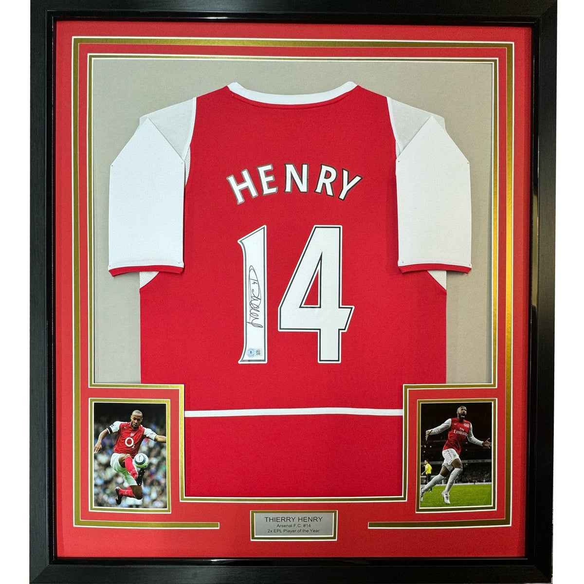Framed Autographed/Signed Thierry Henry 35x39 Arsenal Red Jersey BAS COA product image 1, provided for visual reference and