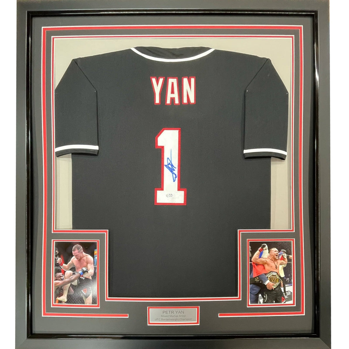 Framed Autographed/Signed Petr Yan 35x39 UFC Black Jersey Shirt PSA/DNA COA product image 1, provided for visual reference