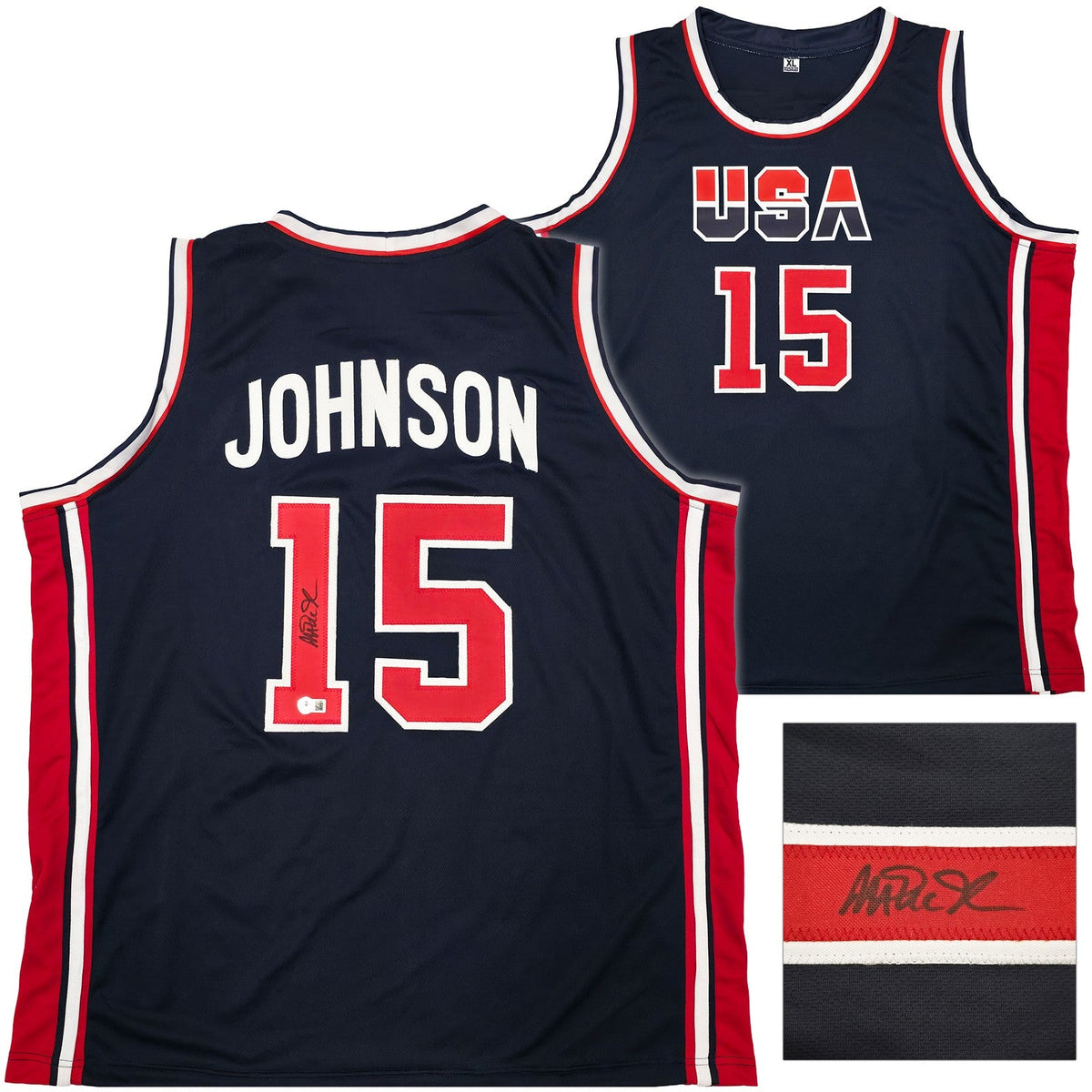 Team USA Magic Johnson Signed Blue Jersey Beckett BAS product image 1, provided for visual reference and product detail