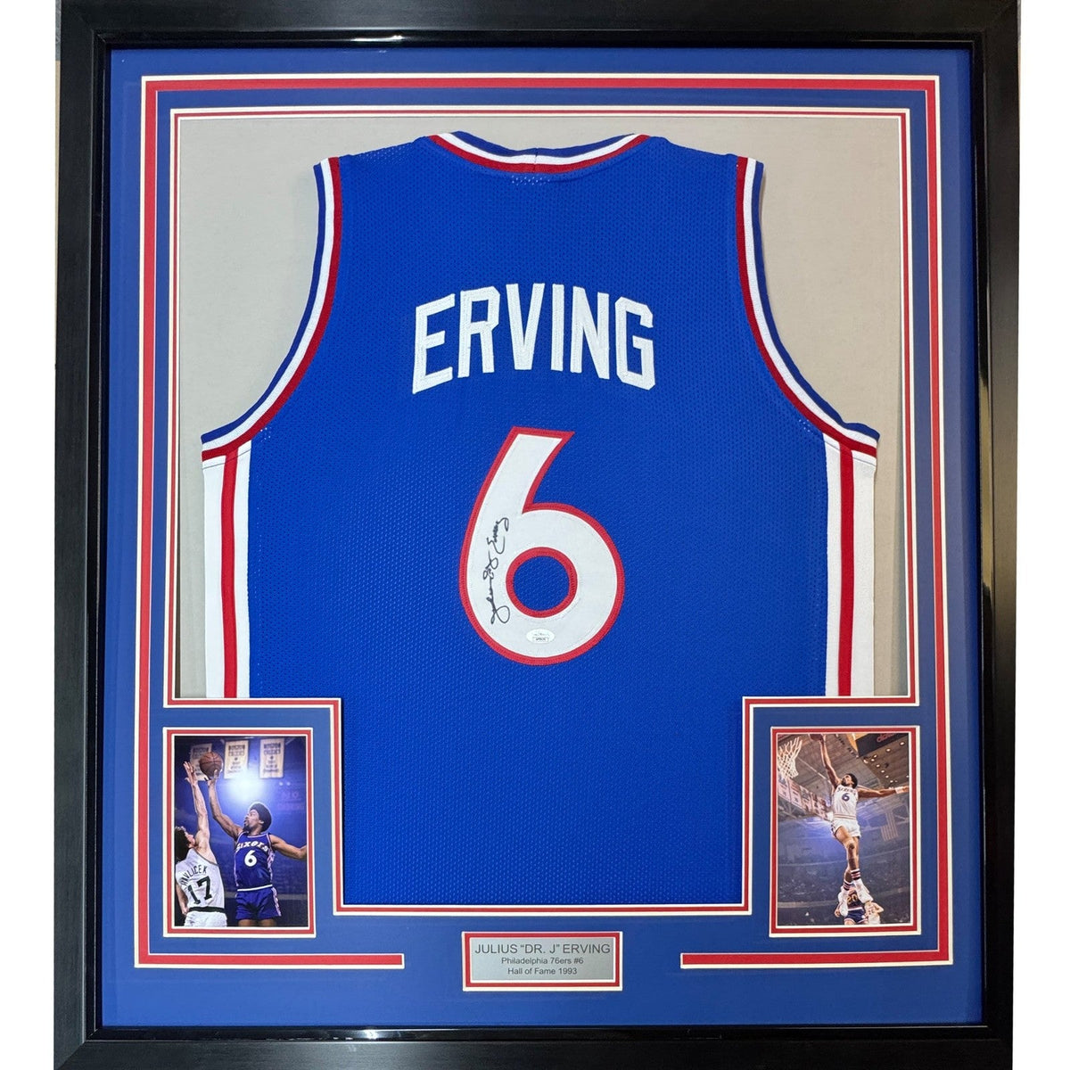 Framed Autographed/Signed Julius Erving Dr. J 35x39 Blue Jersey JSA COA #2 product image 1, provided for visual reference