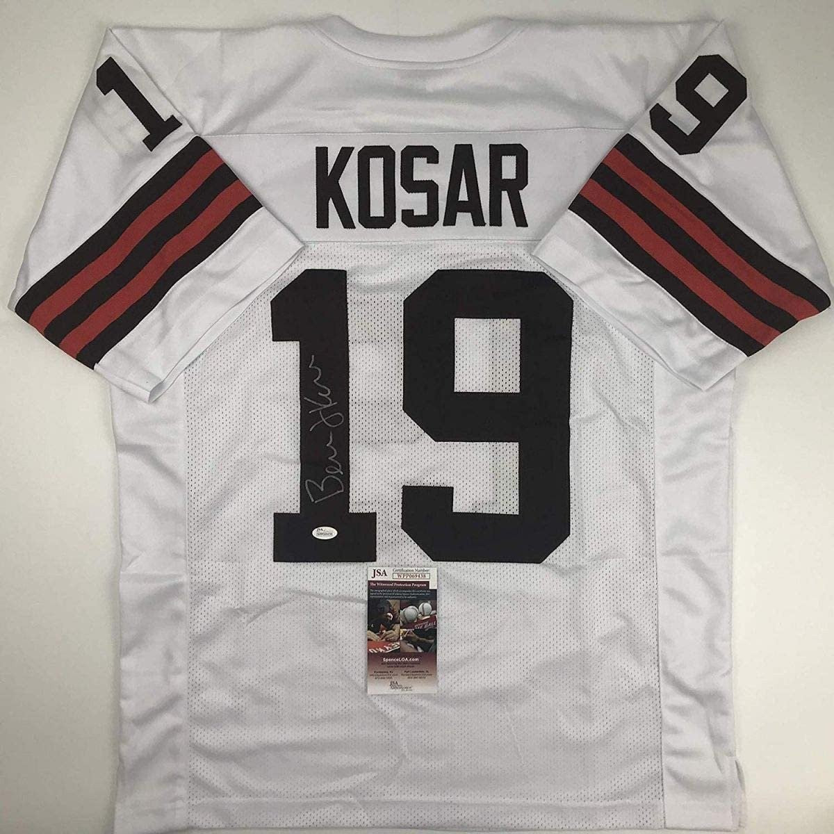 Autographed/Signed Bernie Kosar Cleveland White Football Jersey JSA COA product image 1, provided for visual reference and