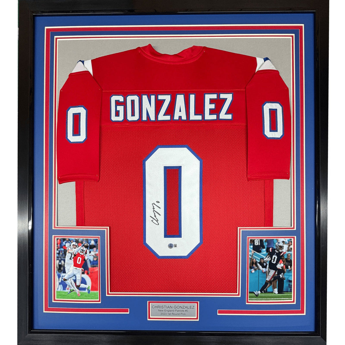 Framed Autographed/Signed Christian Gonzalez 35x39 NE Red Jersey BAS COA product image 1, provided for visual reference and