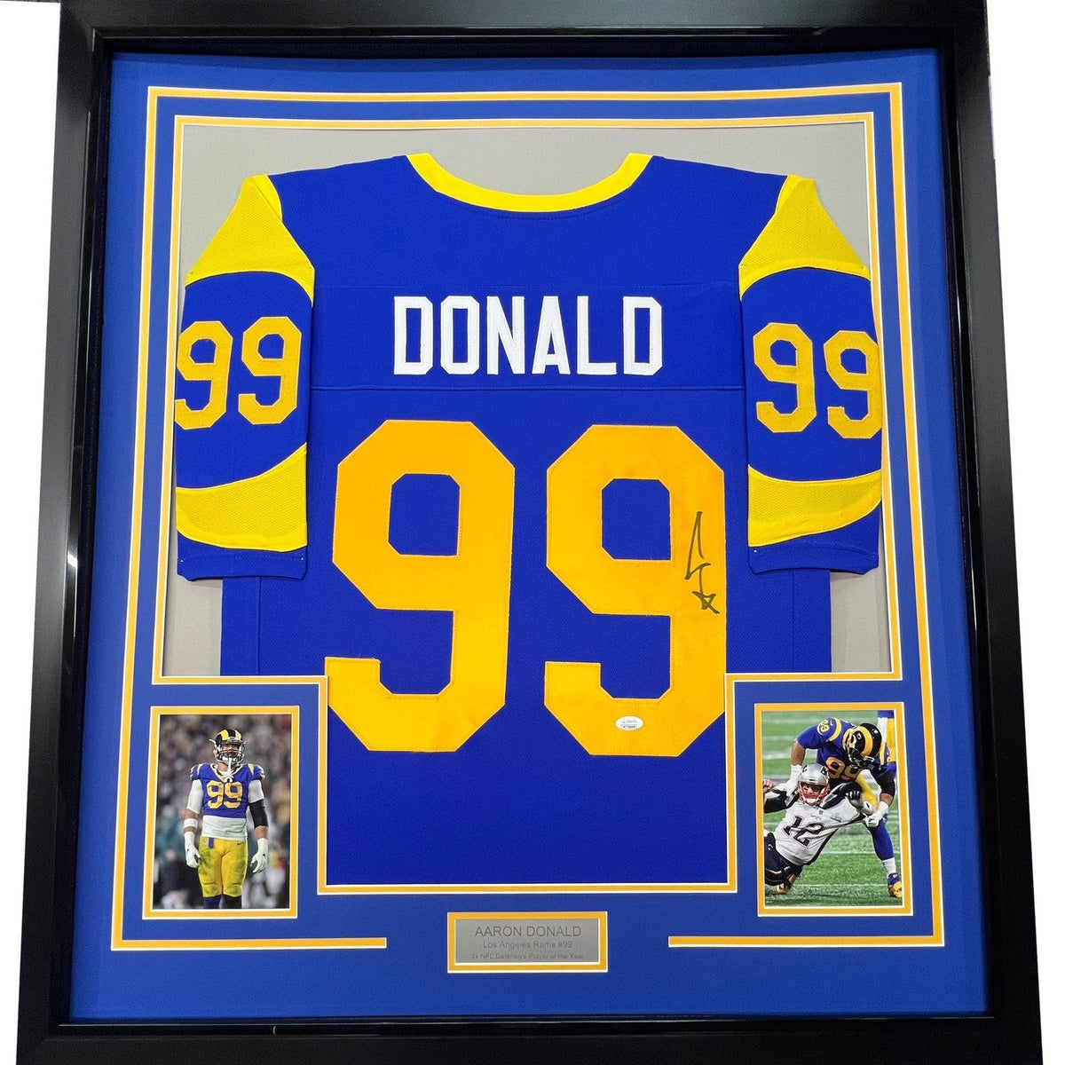 Framed Autographed/Signed Aaron Donald 35x39 LA Retro Blue Jersey JSA COA product image 1, provided for visual reference and