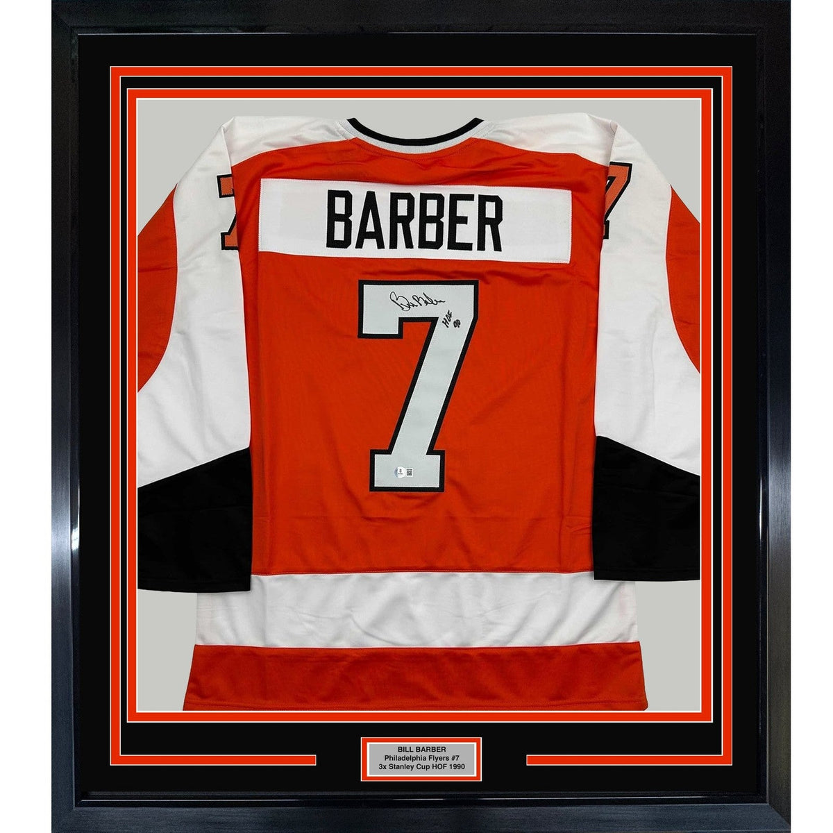 Framed Autographed/Signed Bill Barber 35x39 HOF 90 Orange Jersey BAS COA product image 1, provided for visual reference and