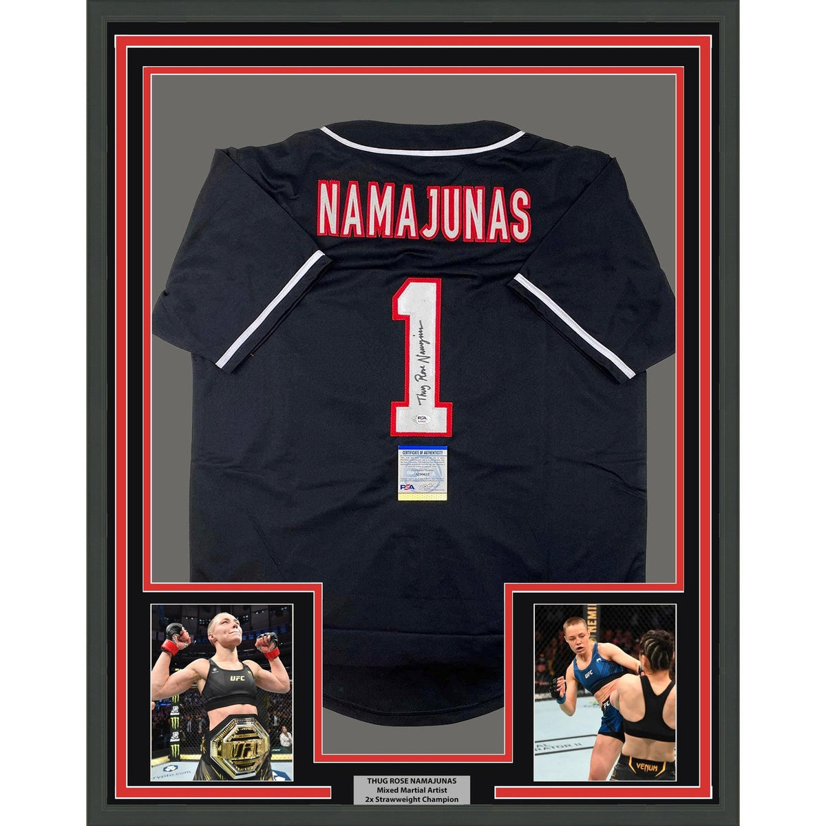 Framed Autographed/Signed Thug Rose Namajunas 35x39 Jersey Shirt PSA COA product image 1, provided for visual reference and