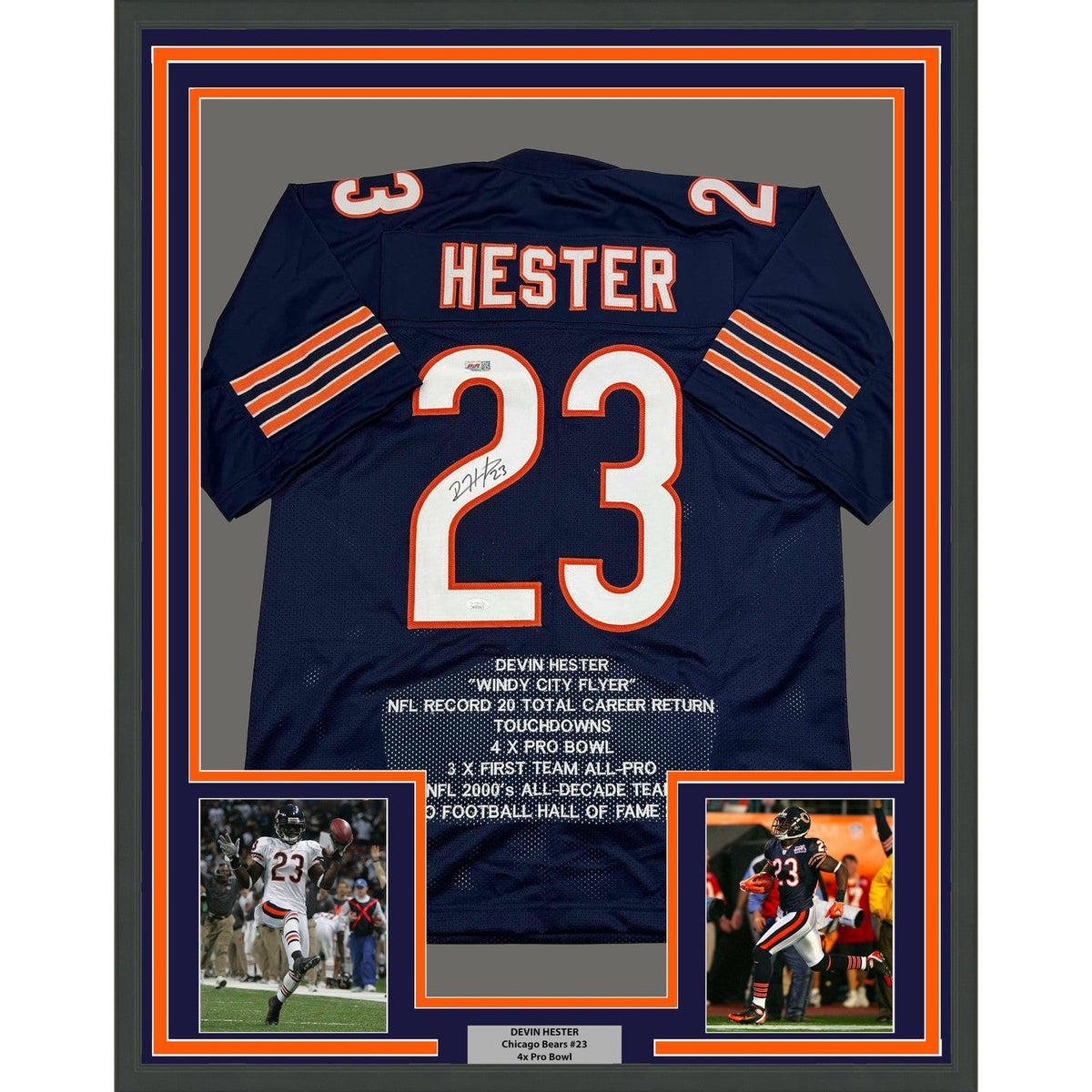 Framed Signed Devin Hester 35x39 Chicago Blue Stat Jersey JSA COA product image 1, provided for visual reference and product