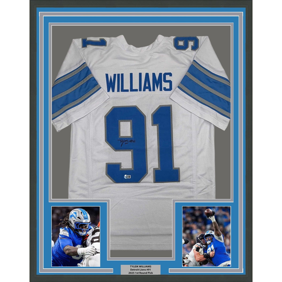Framed Signed Tyleik Williams 35x39 Detroit White Jersey Beckett COA product image 1, provided for visual reference and