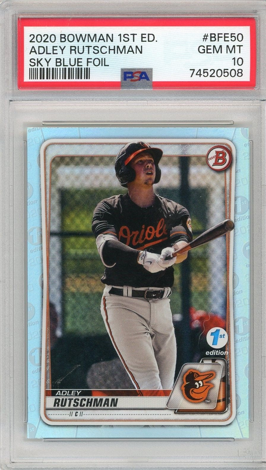 Graded 2020 Topps Bowman Adley Rutschman #BFE50 Sky Blue Card PSA 10 product image 1, provided for visual reference and