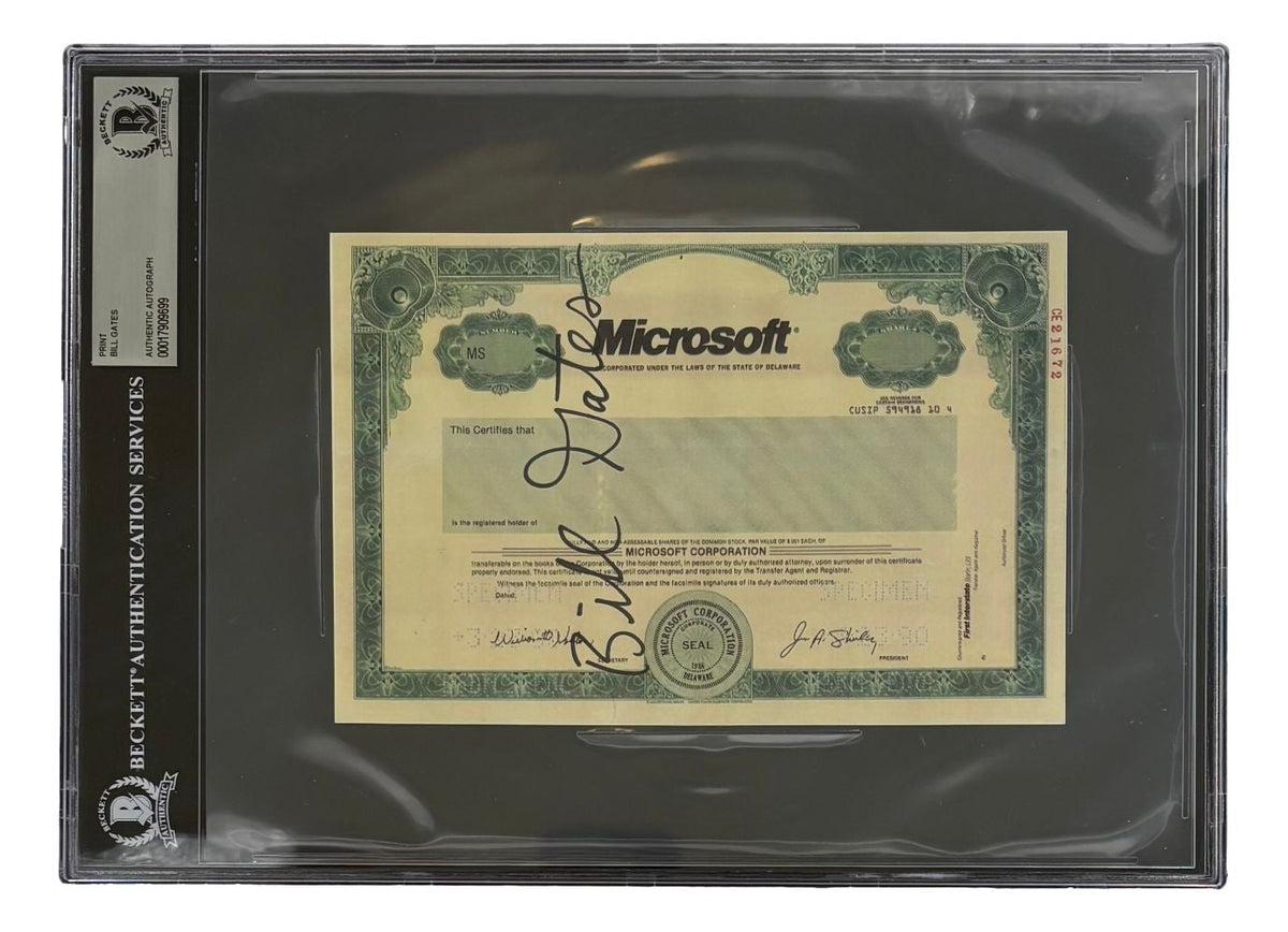 Bill Gates Signed Slabbed Replica Microsoft Stock Certificate BAS product image 1, provided for visual reference and product