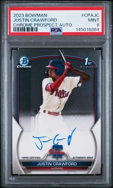 Graded 2023 Bowman Chrome Justin Crawford CPAJC Prospect Auto RC Card PSA 9 product image 1, provided for visual reference