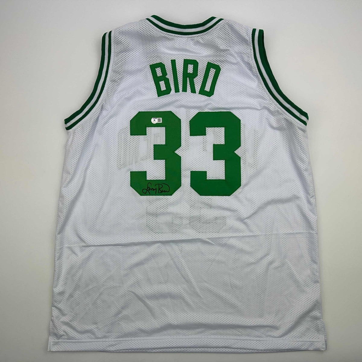 Autographed/Signed Larry Bird Boston White Jersey Beckett BAS COA product image 1, provided for visual reference and product