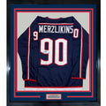 Framed Signed Elvis Merzlikins 35x39 Columbus Blue Jersey BAS COA product image 1, provided for visual reference and product