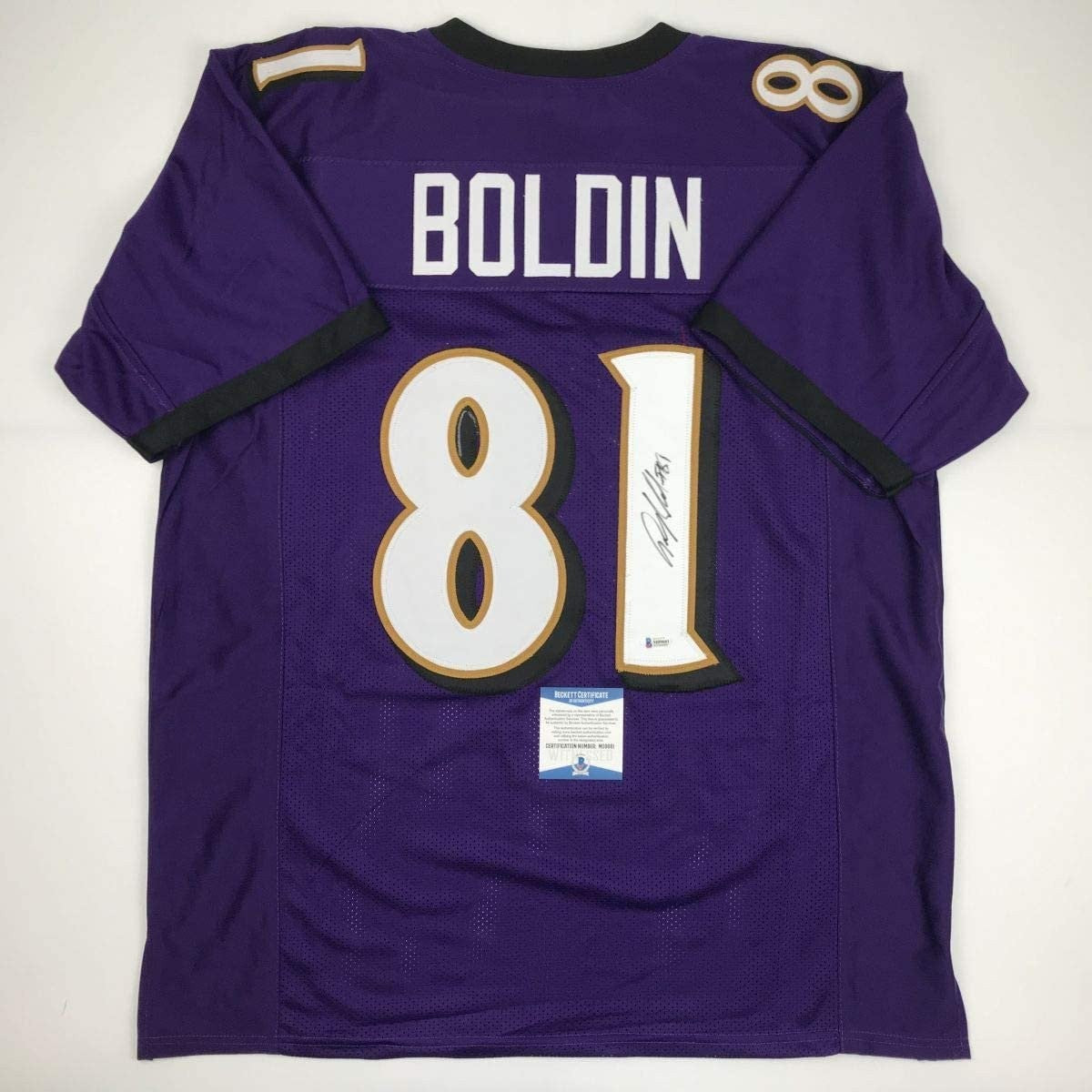 Autographed/Signed ANQUAN BOLDIN Baltimore Purple Jersey Beckett COA product image 1, provided for visual reference and