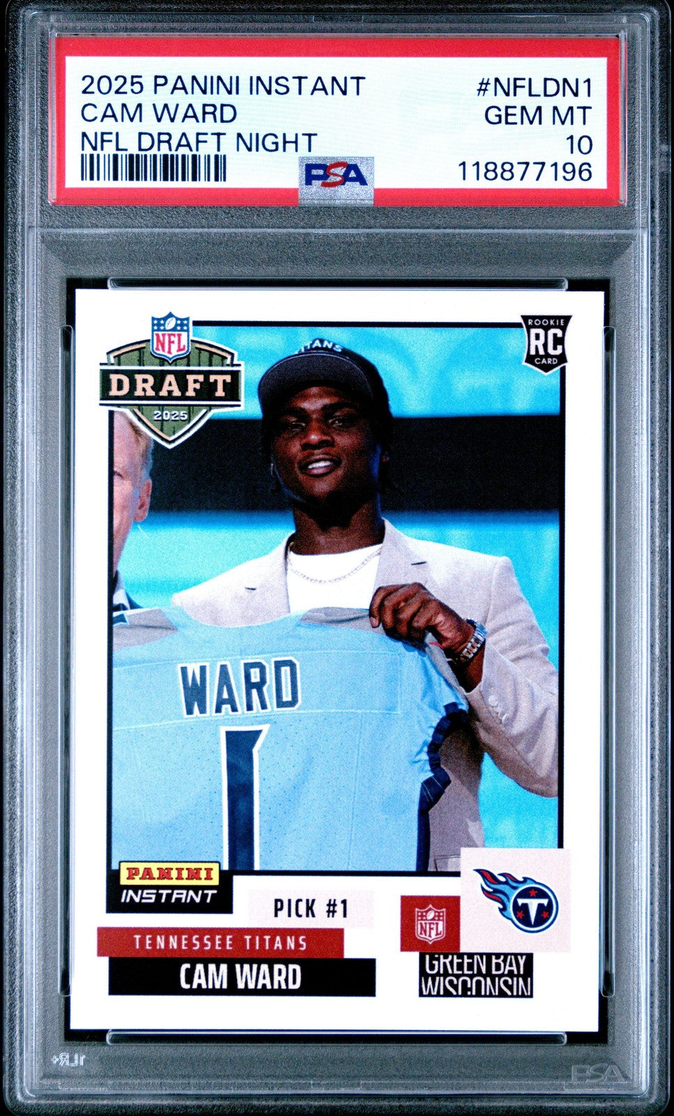 Graded 2025 Panini Instant Cam Ward #NFLDN1 Draft Night RC Card PSA 10 product image 1, provided for visual reference and