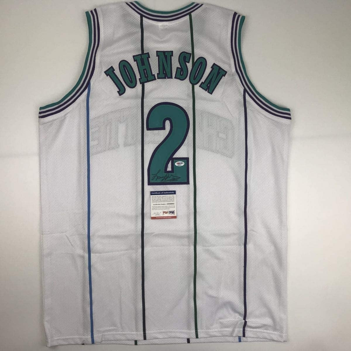 Autographed/Signed Larry Johnson Charlotte White Jersey PSA/DNA COA product image 1, provided for visual reference and