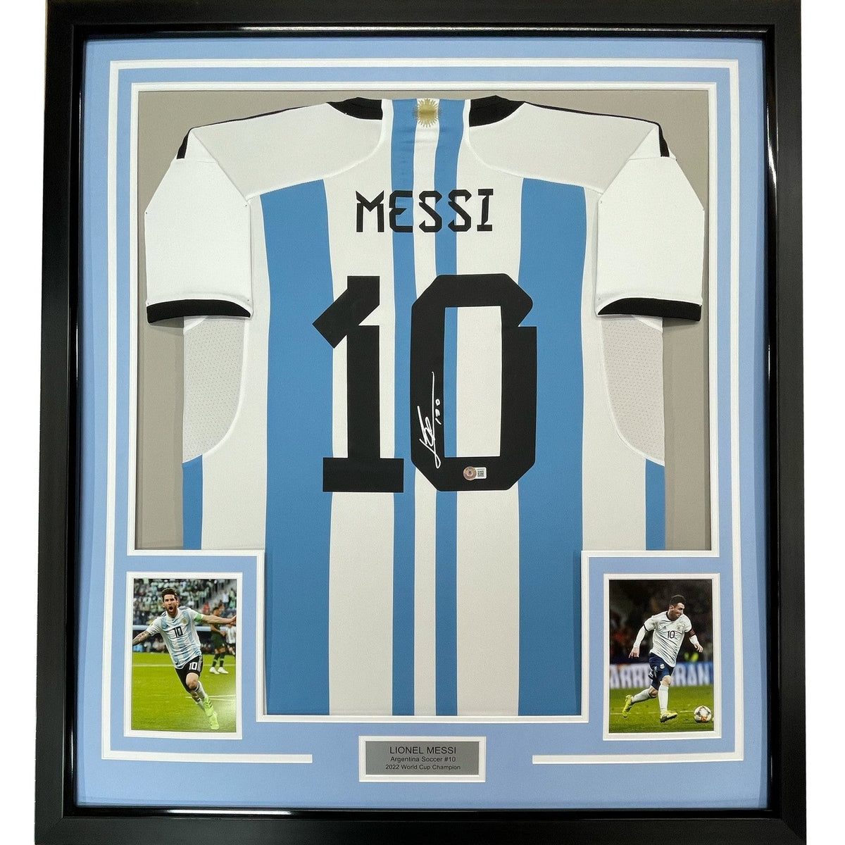 Framed Autographed/Signed Lionel Messi 35x39 Argentina Jersey Beckett COA product image 1, provided for visual reference and