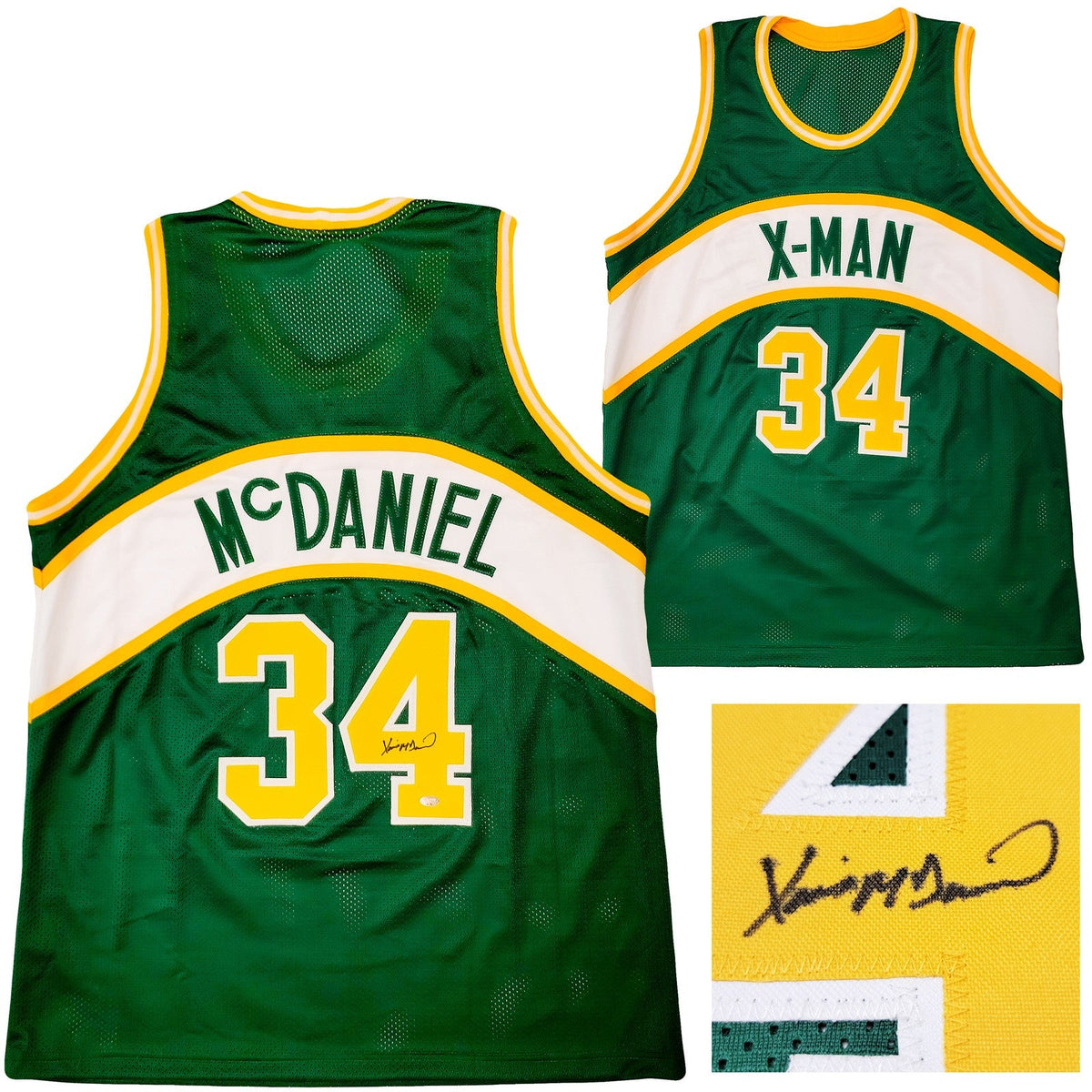 Seattle Supersonics Xavier McDaniel Signed Green Jersey MCS Holo product image 1, provided for visual reference and product