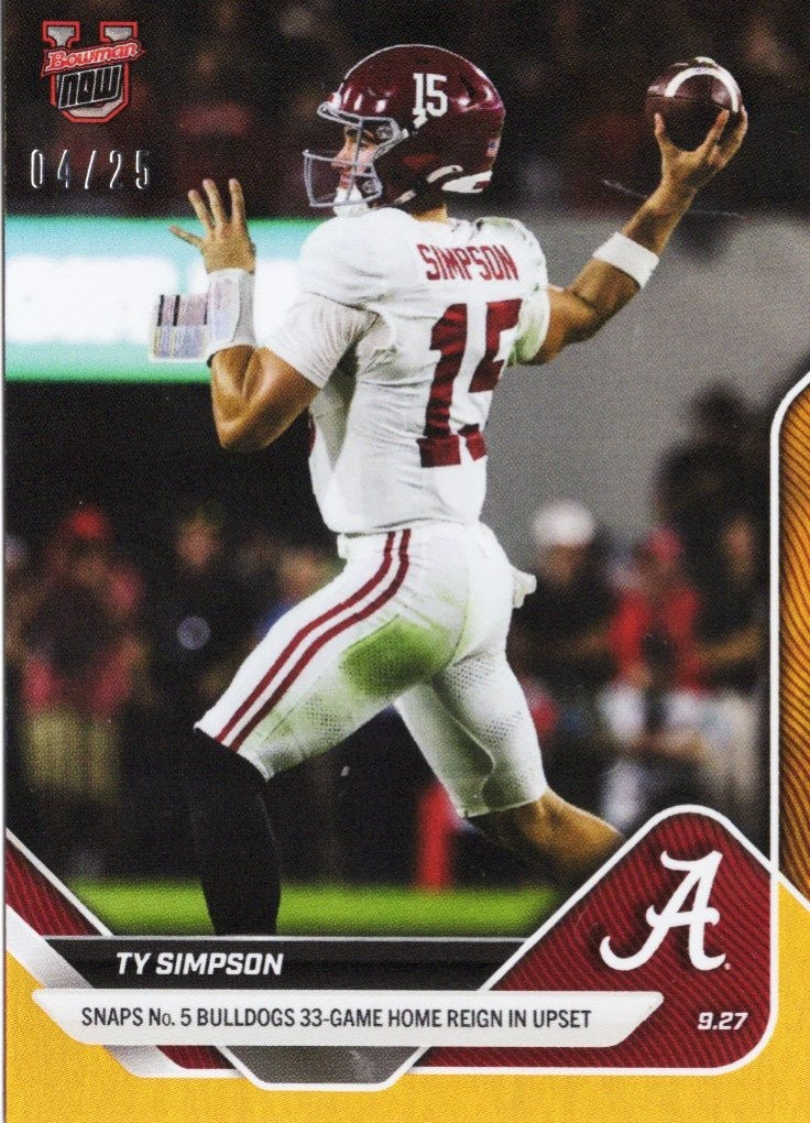 2025 Topps Bowman U Now Ty Simpson #22 Orange Foil /25 Rookie RC Card product image 1, provided for visual reference and