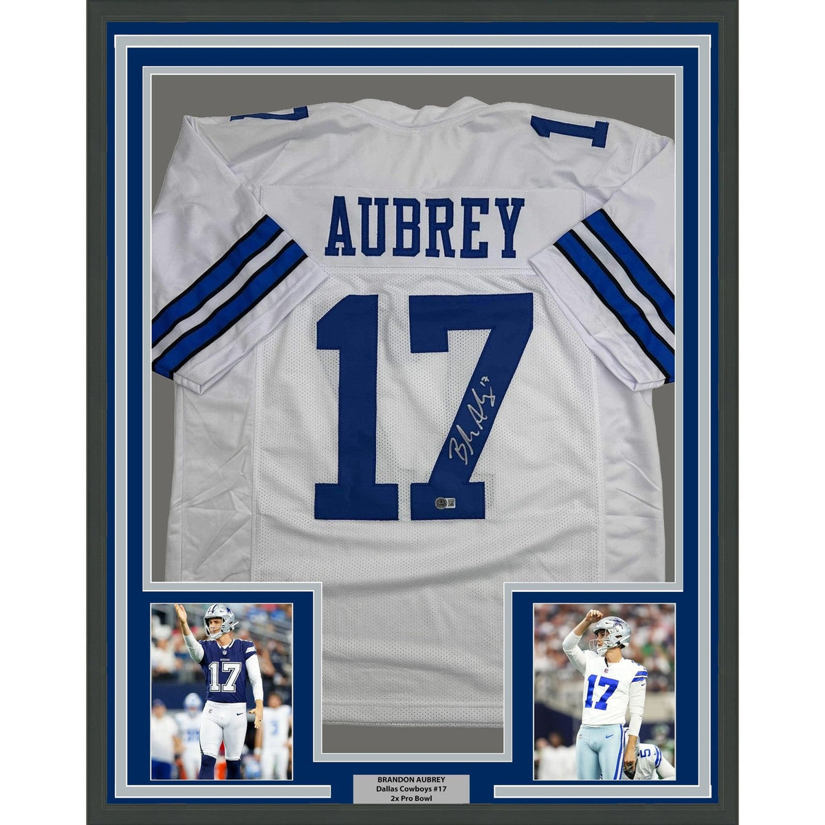 Framed Autographed/Signed Brandon Aubrey 35x39 Dallas White Jersey BAS COA product image 1, provided for visual reference