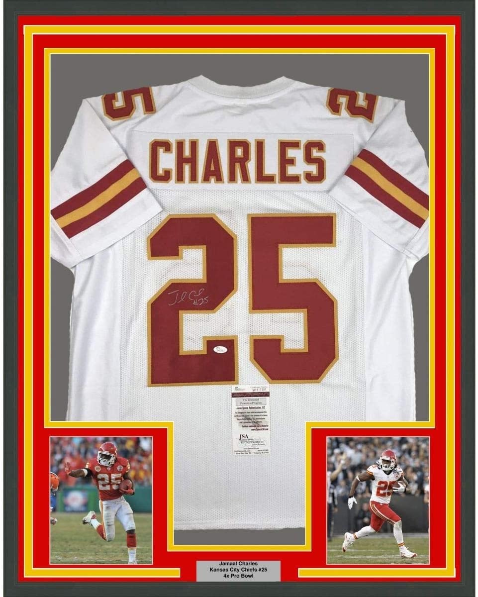 Framed Signed Jamaal Charles 35x39 Kansas City White Jersey JSA COA product image 1, provided for visual reference and