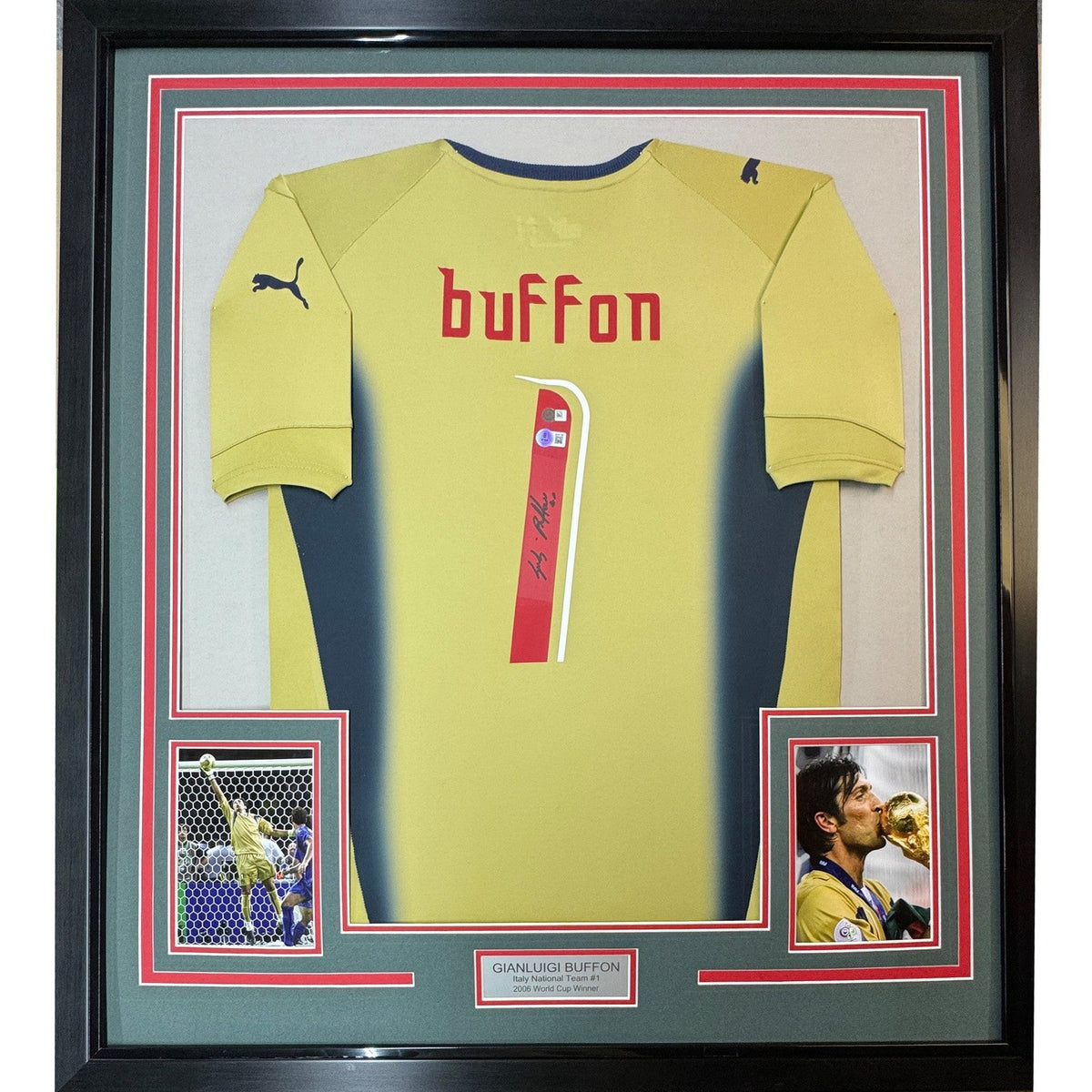 Framed Autographed/Signed Gianluigi Buffon 35x39 Italy Gold Jersey BAS COA product image 1, provided for visual reference