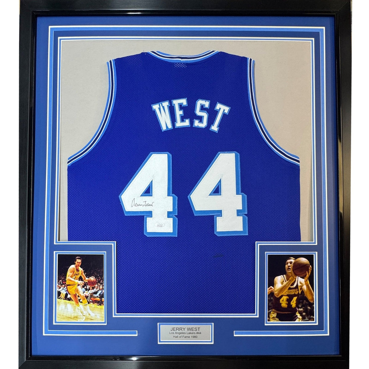 FRAMED Signed JERRY WEST 35x39 Los Angeles Blue Retro Jersey JSA COA product image 1, provided for visual reference and