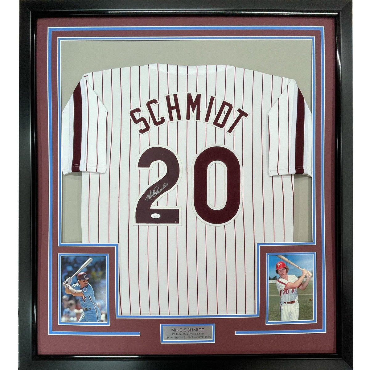 FRAMED Signed MIKE SCHMIDT 35x39 Philly Pinstripe Jersey JSA COA product image 1, provided for visual reference and product