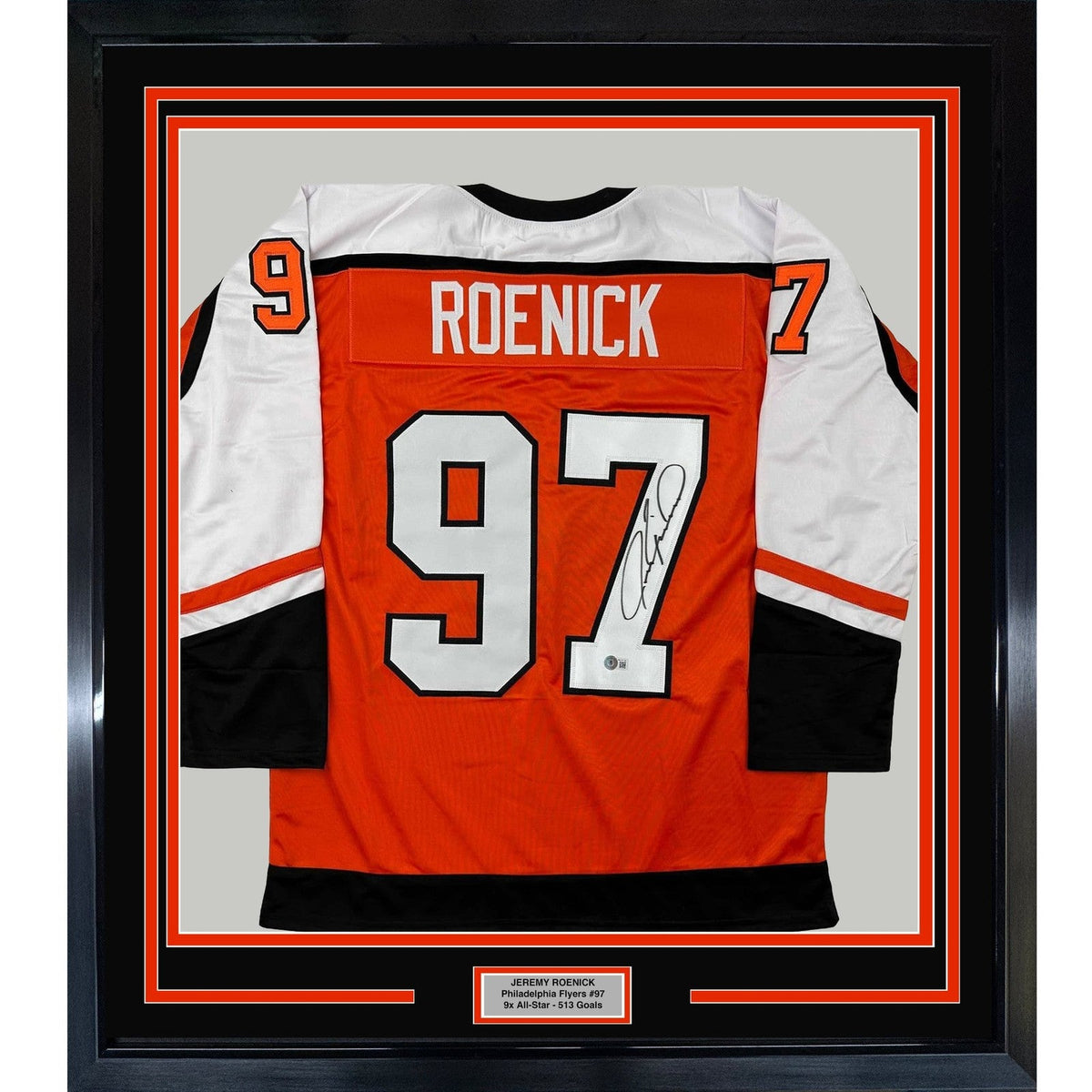 Framed Autographed/Signed Jeremy Roenick 35x39 Orange Jersey BAS COA product image 1, provided for visual reference and