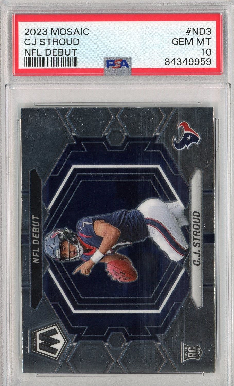 Graded 2023 Mosaic C.J. Stroud #ND3 NFL Debut Rookie RC Card PSA 10 product image 1, provided for visual reference and