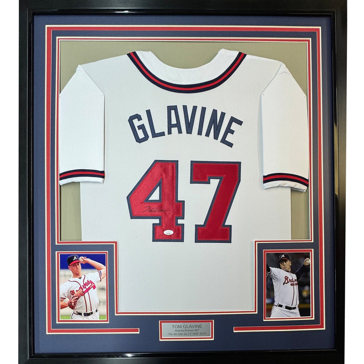 FRAMED Signed TOM GLAVINE 35x39 Atlanta White Jersey JSA COA Auto product image 1, provided for visual reference and product