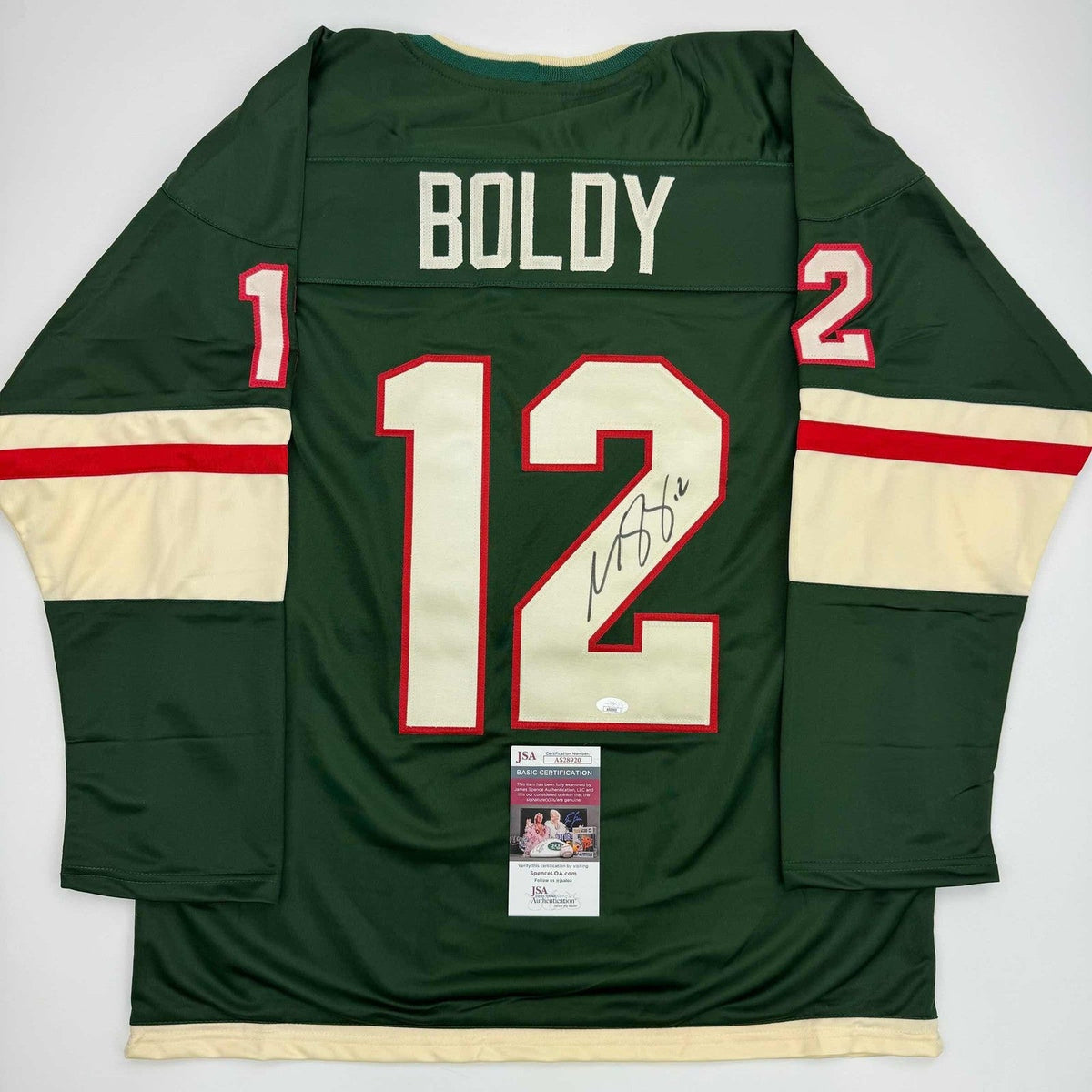 Autographed/Signed Matt Boldy Minnesota Green Hockey Jersey JSA COA product image 1, provided for visual reference and