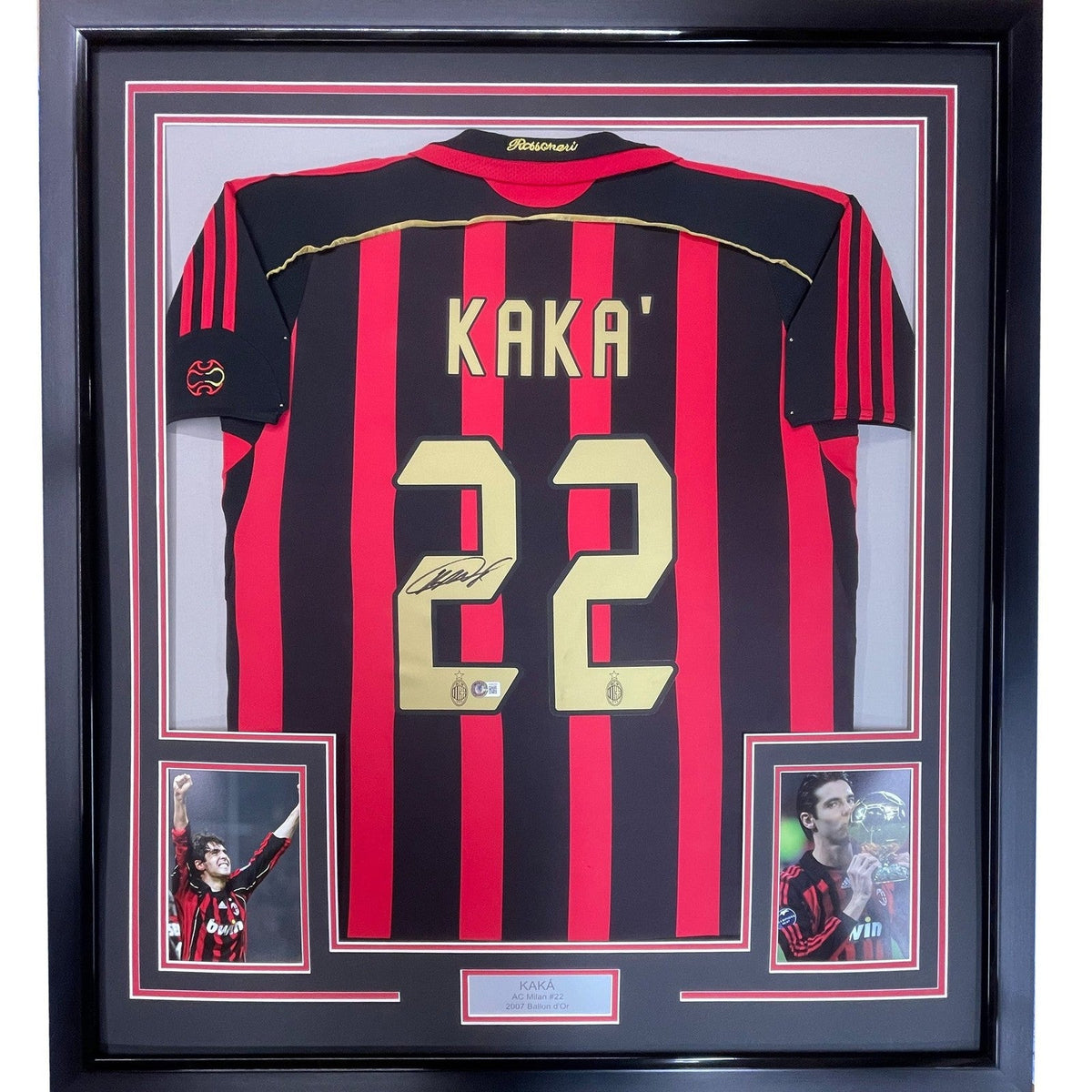 Framed Autoed/Signed Ricardo Kaka 35x39 AC Milan Black/Red Jersey BAS COA product image 1, provided for visual reference and