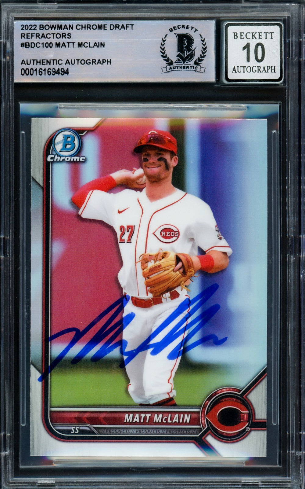 Matt McLain 2022 Bowman Chrome Draft Refractors Signed Trading Card Beckett BAS product image 1, provided for visual