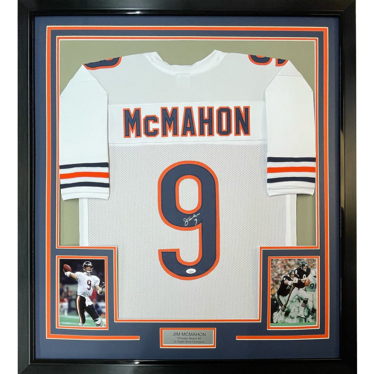 FRAMED Autographed/Signed JIM MCMAHON 35x39 Chicago White Jersey JSA COA product image 1, provided for visual reference and