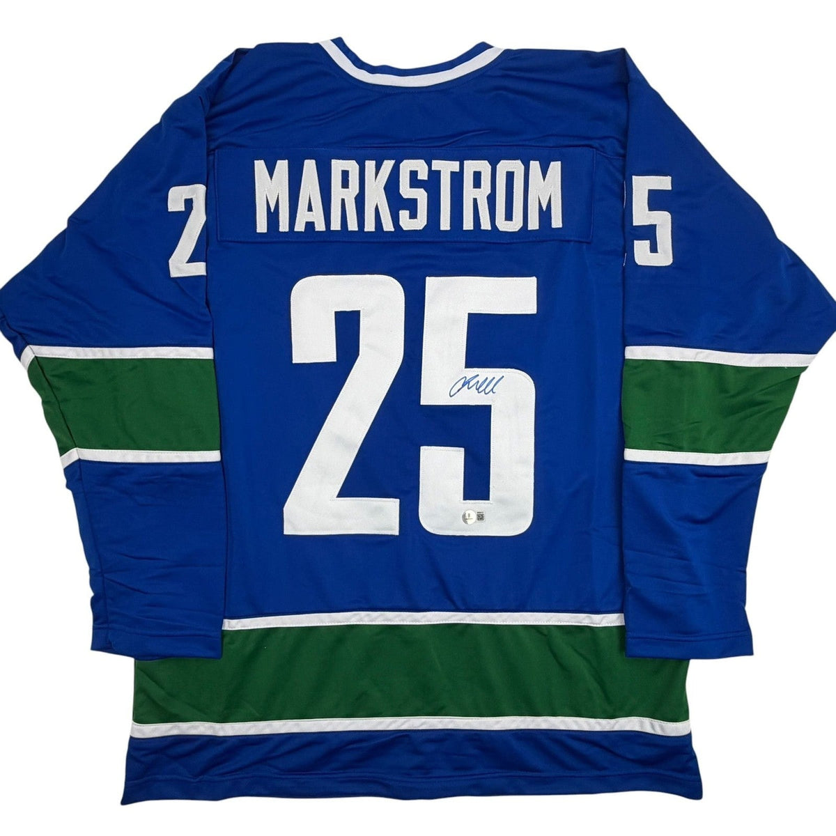 Autographed/Signed Jacob Markstrom Vancouver Blue Hockey Jersey Beckett COA product image 1, provided for visual reference