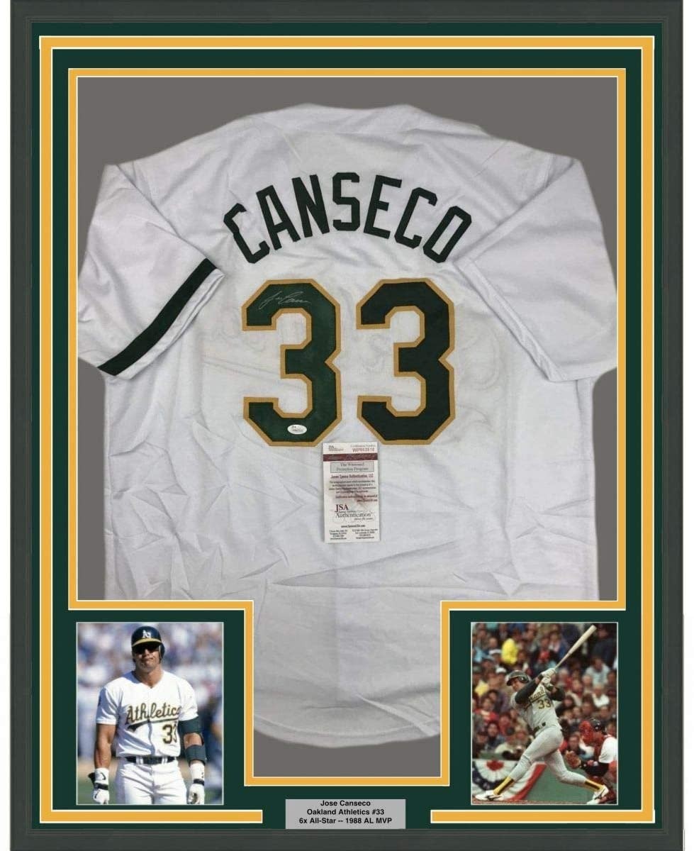 FRAMED Signed JOSE CANSECO 35x39 Oakland White Jersey JSA COA Auto product image 1, provided for visual reference and